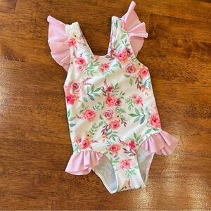 The Smocking Place pink floral ruffle trim one piece swimsuit size 2